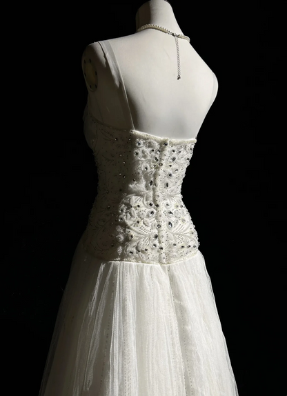 Vestido de novia único, corte A, escote en V, tul blanco, largo, años 90, estilo vintage, DH1256