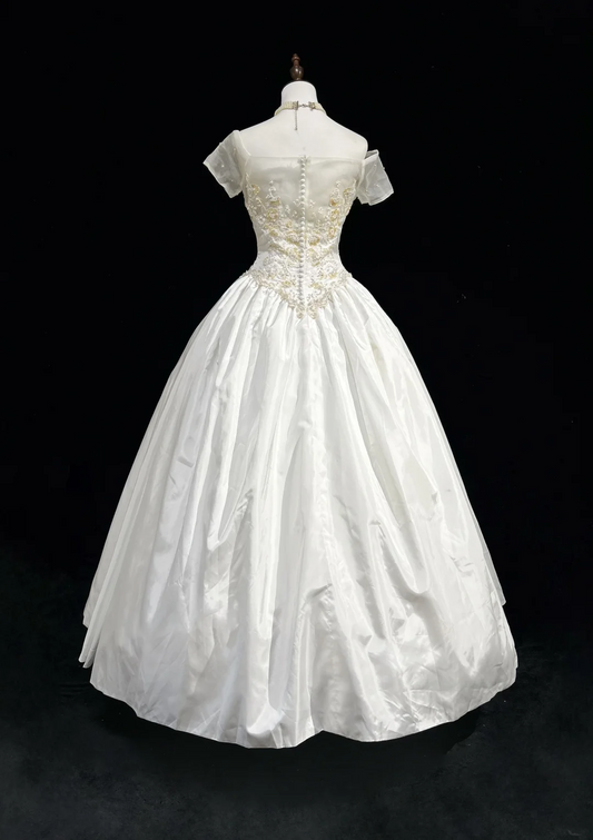 Unique Bridal Gown Ball Gown Off The Shoulder White Short Sleeves Lace Wedding Dresses Vintage 80s Wedding Gowns DH1258