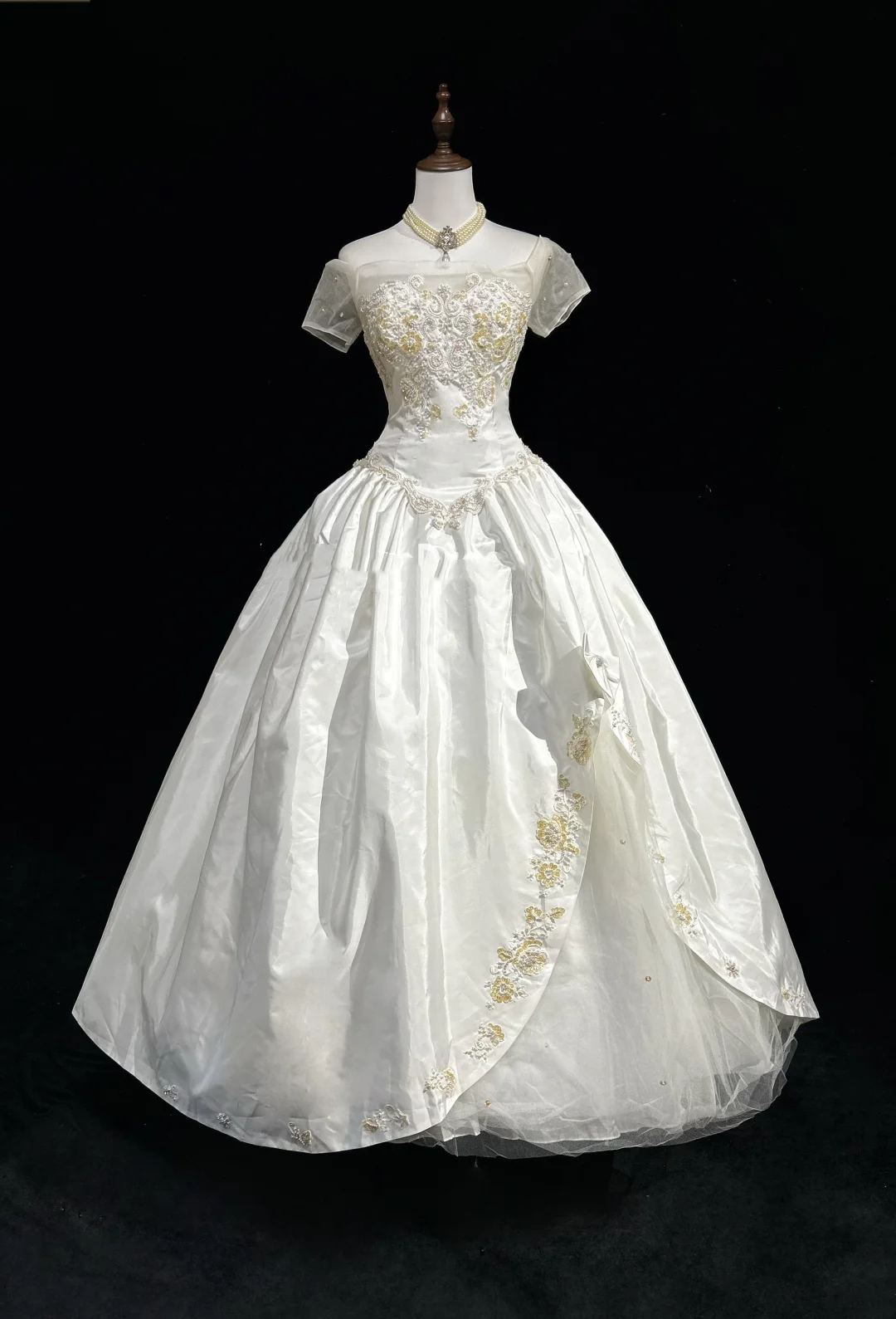 Vestido de novia único, de fiesta, con hombros descubiertos, blanco, de manga corta, de encaje, estilo vintage de los años 80, DH1258