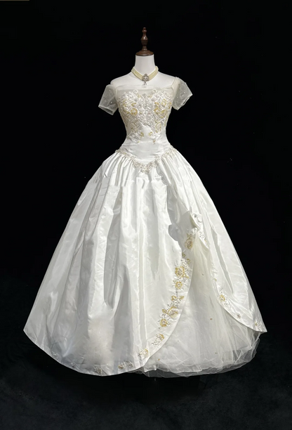 Vestido de novia único, de fiesta, con hombros descubiertos, blanco, de manga corta, de encaje, estilo vintage de los años 80, DH1258