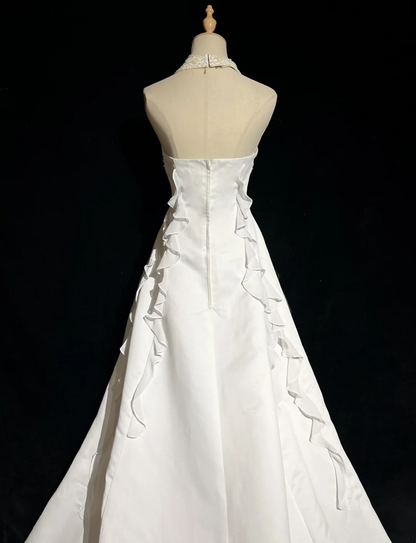 Vestido de novia único, corte A, estilo halter, con cuentas, capas, blanco, de gasa, años 90, estilo vintage, DH1263