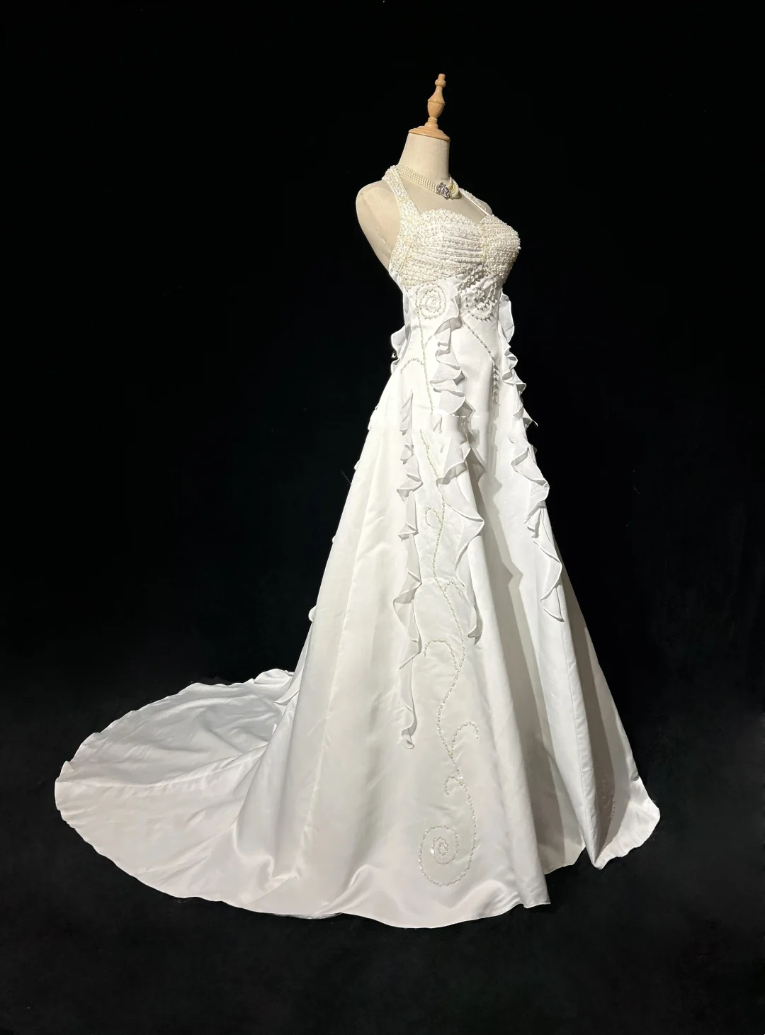 Vestido de novia único, corte A, estilo halter, con cuentas, capas, blanco, de gasa, años 90, estilo vintage, DH1263