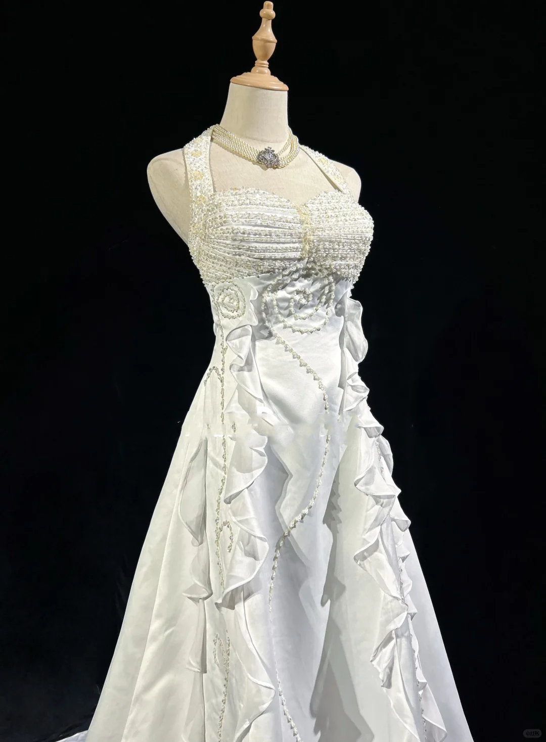 Vestido de novia único, corte A, estilo halter, con cuentas, capas, blanco, de gasa, años 90, estilo vintage, DH1263