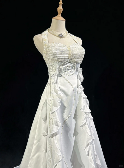Vestido de novia único, corte A, estilo halter, con cuentas, capas, blanco, de gasa, años 90, estilo vintage, DH1263