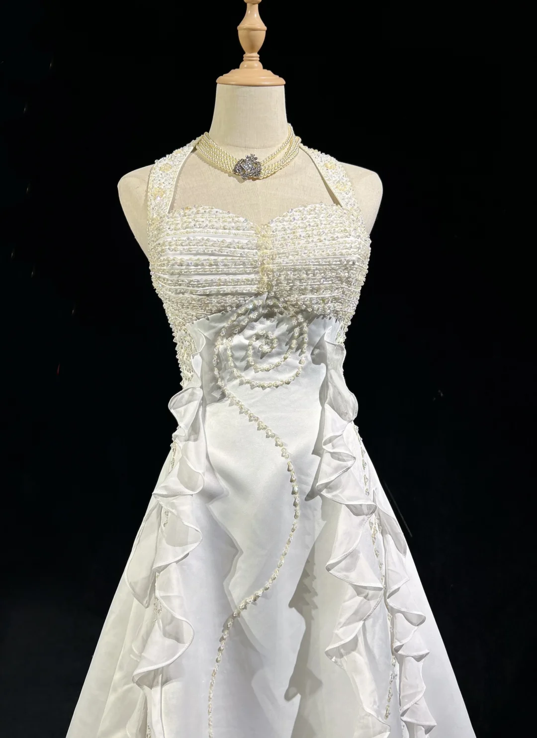 Vestido de novia único, corte A, estilo halter, con cuentas, capas, blanco, de gasa, años 90, estilo vintage, DH1263