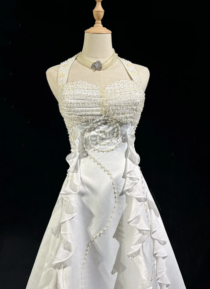 Vestido de novia único, corte A, estilo halter, con cuentas, capas, blanco, de gasa, años 90, estilo vintage, DH1263