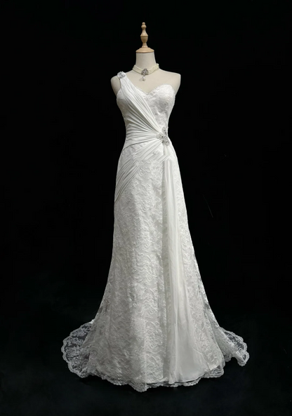 Vestido de novia único de corte sirena, de un solo hombro, de gasa blanca, con encaje y cuentas, estilo años 90, estilo vintage, DH1264
