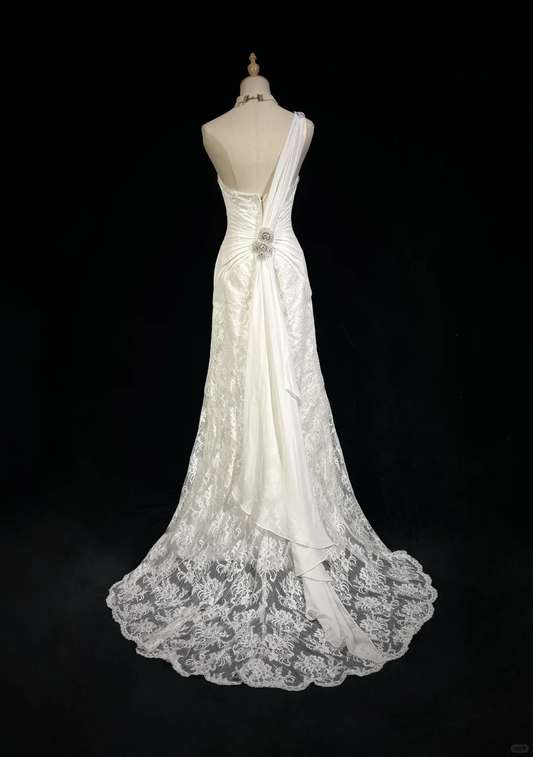 Unique Bridal Dress Mermaid One Shoulder Chiffon White Lace Wedding Dress With Beads 90s Wedding Dresses Vintage Bride Dress Bridal Gowns DH1264