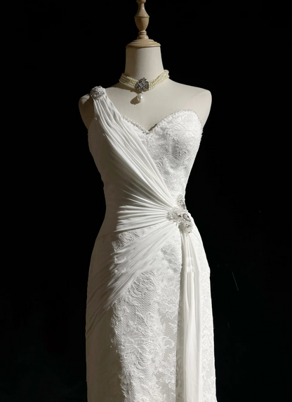 Vestido de novia único de corte sirena, de un solo hombro, de gasa blanca, con encaje y cuentas, estilo años 90, estilo vintage, DH1264