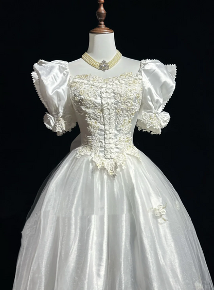 Vestido de novia estilo princesa, de tul, con escote cuadrado, estilo años 60 y mangas cortas blancas, de encaje, estilo vintage de los años 80, DH1266