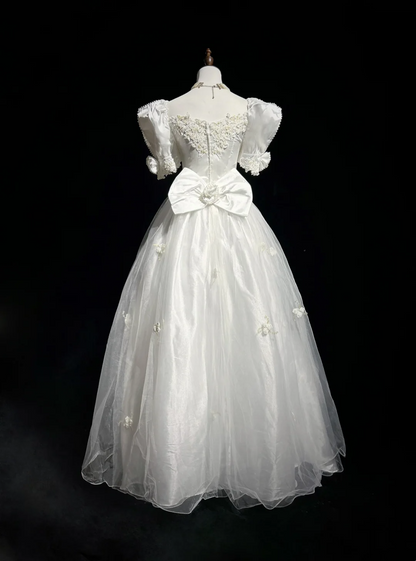 Vestido de novia estilo princesa, de tul, con escote cuadrado, estilo años 60 y mangas cortas blancas, de encaje, estilo vintage de los años 80, DH1266