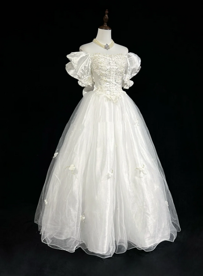 Vestido de novia estilo princesa, de tul, con escote cuadrado, estilo años 60 y mangas cortas blancas, de encaje, estilo vintage de los años 80, DH1266