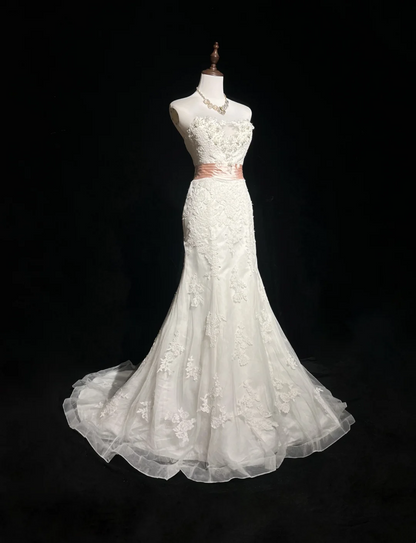 Vestido de novia clásico de sirena, sin tirantes, blanco, con encaje, largo, años 70, vestido de novia vintage, DH1267