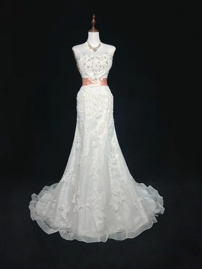 Vestido de novia clásico de sirena, sin tirantes, blanco, con encaje, largo, años 70, vestido de novia vintage, DH1267
