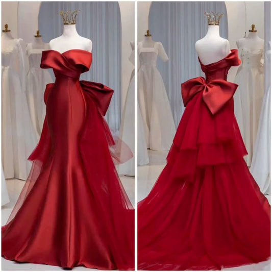 Elegante vestido de fiesta largo rojo con hombros descubiertos y corte sirena para verano, ideal para cumpleaños número 20 y cumpleaños número 18, inspiración para adolescentes DH127