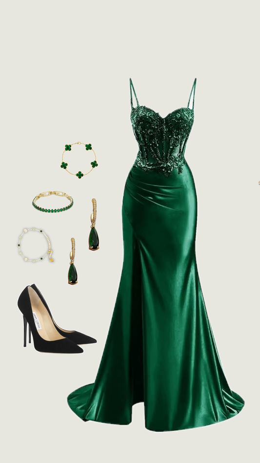 Elegante vestido de fiesta largo de satén verde con tirantes finos y corte sirena, ideal para celebrar cumpleaños número 20 y cumpleaños número 18, DH1278