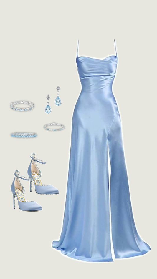 Elegante vestido de fiesta largo de satén azul claro con tirantes finos y corte sirena, ideal para celebrar cumpleaños número 20 y cumpleaños número 18, DH1283