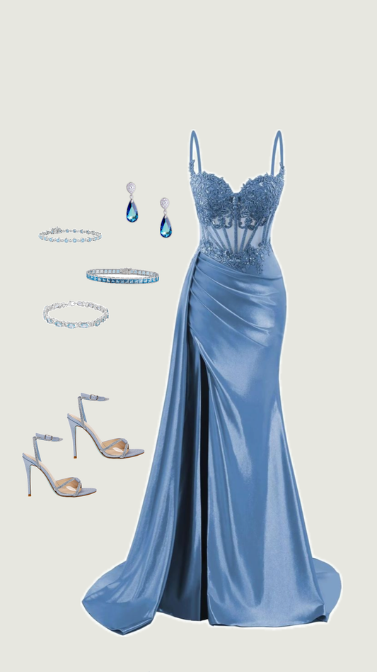 Elegante vestido de fiesta largo de satén azul con tirantes finos y corte sirena, ideal para celebrar cumpleaños número 20 y cumpleaños número 18, DH1284