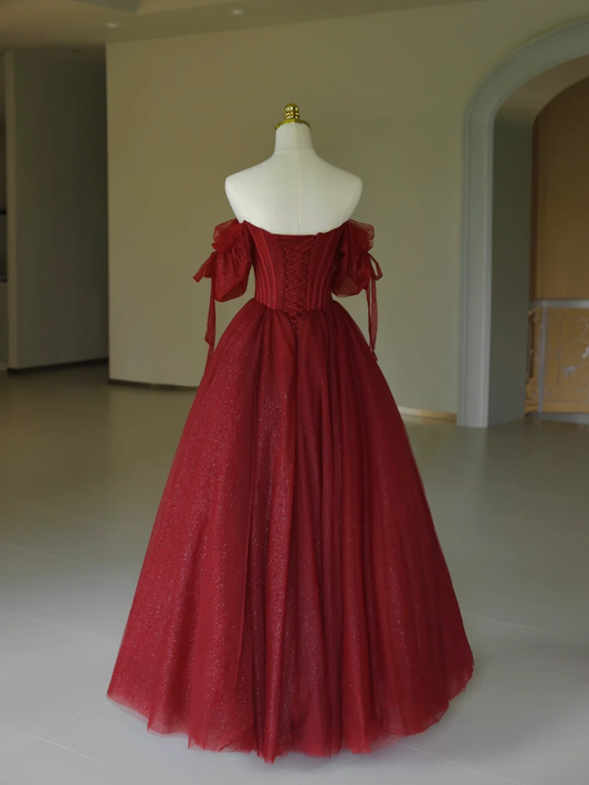 Hermoso vestido de quinceañera largo de tul burdeos con hombros descubiertos, vestido formal de 15 años, vestido de dulces 16 DH1286