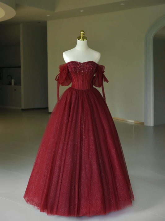 Hermoso vestido de quinceañera largo de tul burdeos con hombros descubiertos, vestido formal de 15 años, vestido de dulces 16 DH1286