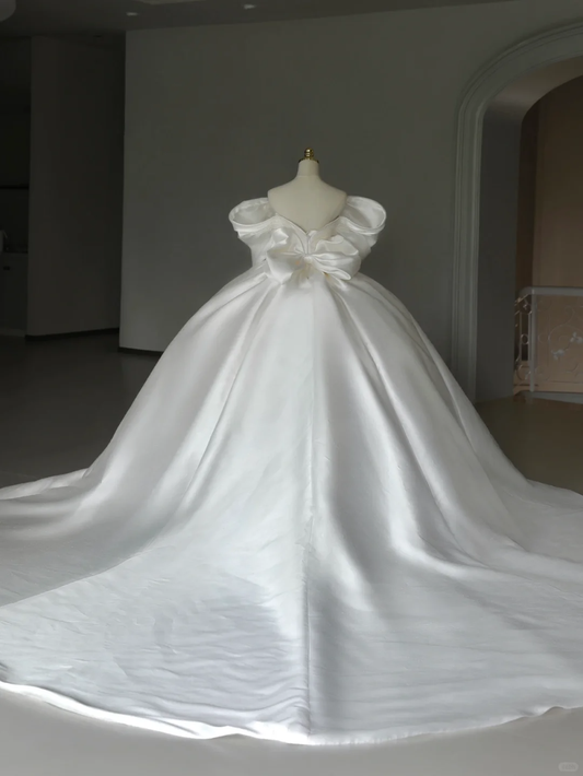 Princess Bridal Gown Ball Gown Off The Shoulder Satin Wedding Dress With White Short Sleeves Wedding Dresses Modest Wedding Gowns DH1287
