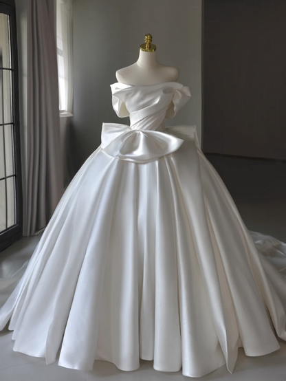 Vestido de novia princesa, vestido de baile, hombros descubiertos, satén, manga corta blanca, vestidos de novia modestos, DH1288
