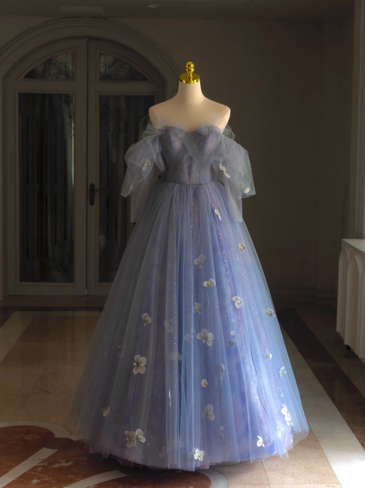 Hermoso vestido de quinceañera largo de tul azul lila con hombros descubiertos, vestido formal de 15 años, vestido de dulces 16 DH1291