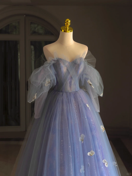 Hermoso vestido de quinceañera largo de tul azul lila con hombros descubiertos, vestido formal de 15 años, vestido de dulces 16 DH1291
