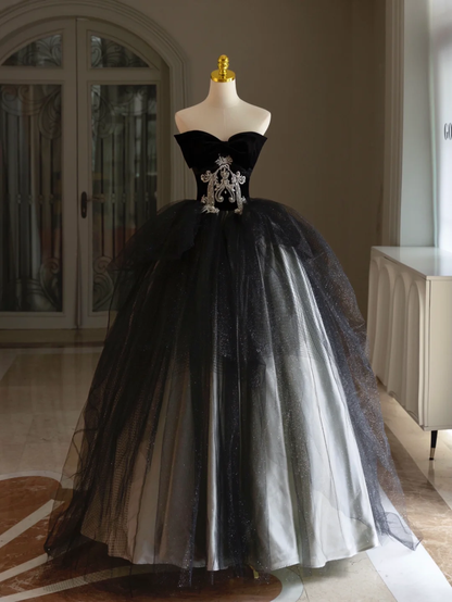Vestido de quinceañera de lujo con escote corazón, hombros descubiertos, apliques de encaje y tul negro, vestido de quinceañera, vestidos formales, vestido de 15 años, vestido de dulces 16 DH1292