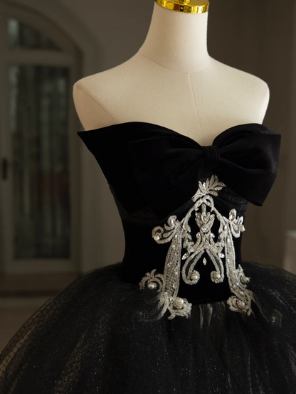 Vestido de quinceañera de lujo con escote corazón, hombros descubiertos, apliques de encaje y tul negro, vestido de quinceañera, vestidos formales, vestido de 15 años, vestido de dulces 16 DH1292