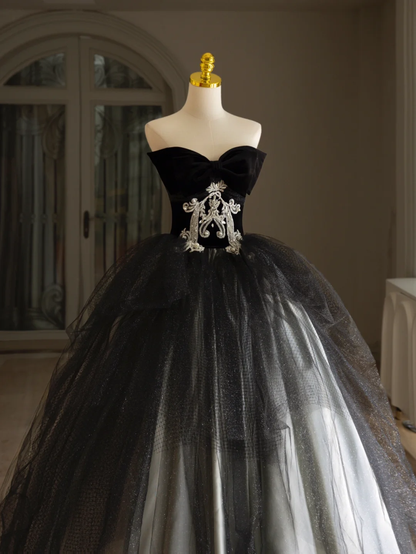 Vestido de quinceañera de lujo con escote corazón, hombros descubiertos, apliques de encaje y tul negro, vestido de quinceañera, vestidos formales, vestido de 15 años, vestido de dulces 16 DH1292