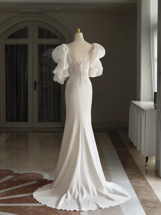 Retro Mermaid Sweetheart 3/4 Sleeves Satin Wedding Dress With Lace Wedding Dresses Modest Wedding Gowns DH1296