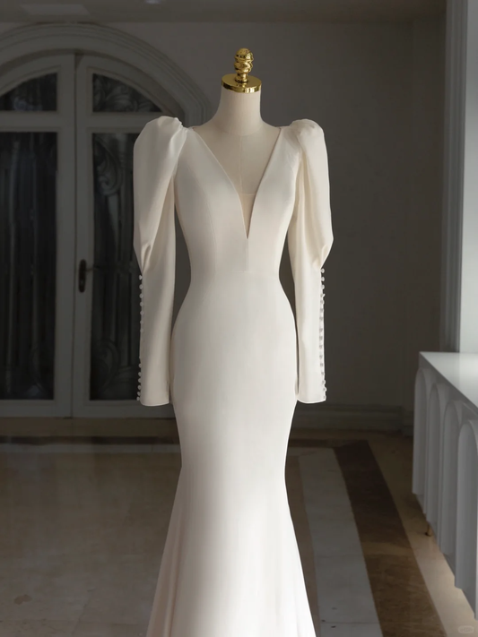 Simple Mermaid V Neck Long Sleeves Satin Wedding Dress With Buttons Wedding Dresses Modest Wedding Gowns Brides Dress DH1297