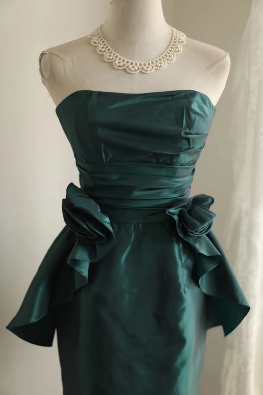 Vestido corto vintage de tafetán verde oscuro, sin tirantes, para fiesta de 8.º grado, de verano, para escuela secundaria, para 18.º cumpleaños, DH1311