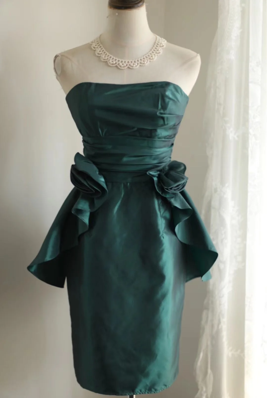 Vestido corto vintage de tafetán verde oscuro, sin tirantes, para fiesta de 8.º grado, de verano, para escuela secundaria, para 18.º cumpleaños, DH1311