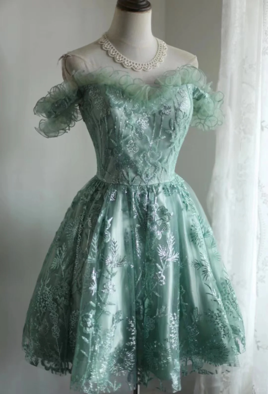 Vestido de fiesta vintage con hombros descubiertos, de encaje verde, minivestido corto formal para octavo grado, vestido de verano para escuela secundaria, atuendos para 20 cumpleaños DH1315