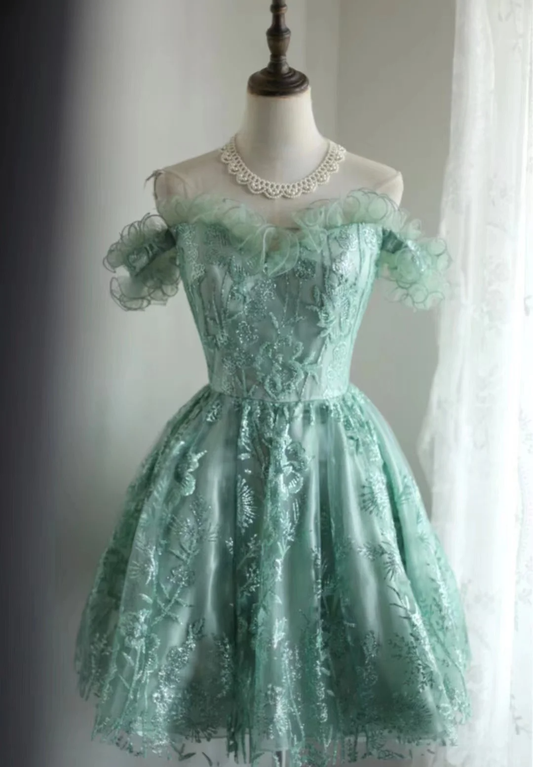 Vestido de fiesta vintage con hombros descubiertos, de encaje verde, minivestido corto formal para octavo grado, vestido de verano para escuela secundaria, atuendos para 20 cumpleaños DH1315