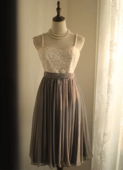 Vestido corto retro de gasa gris con tirantes finos, corte A, para fiesta de 8.º grado, de verano, para escuela secundaria, para graduación o cumpleaños número 16, DH1316