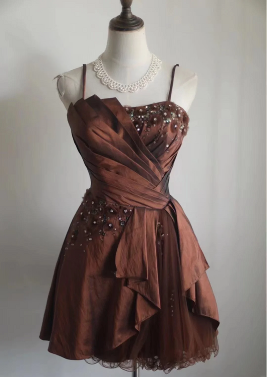 Retro A line Spaghetti Straps Brown Taffeta Mini Short Formal 8th Grade Homecoming Dresses Middle School Short Prom Dress Hoco Outfits DH1317