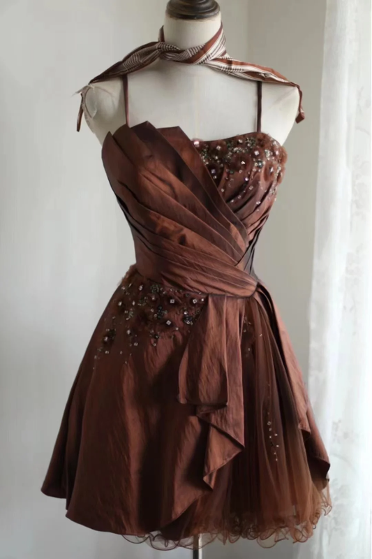 Retro A line Spaghetti Straps Brown Taffeta Mini Short Formal 8th Grade Homecoming Dresses Middle School Short Prom Dress Hoco Outfits DH1317