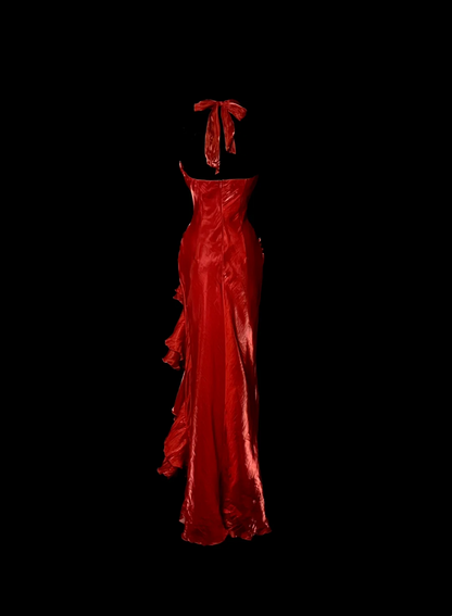 Elegante vestido de fiesta largo de satén rojo con cuello halter, para verano, para celebrar 20 cumpleaños y 18 años, DH1325