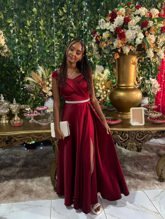 Vestido de fiesta formal largo de satén burdeos con hombros descubiertos y corte A, elegante, para invitadas de boda de verano, DH133