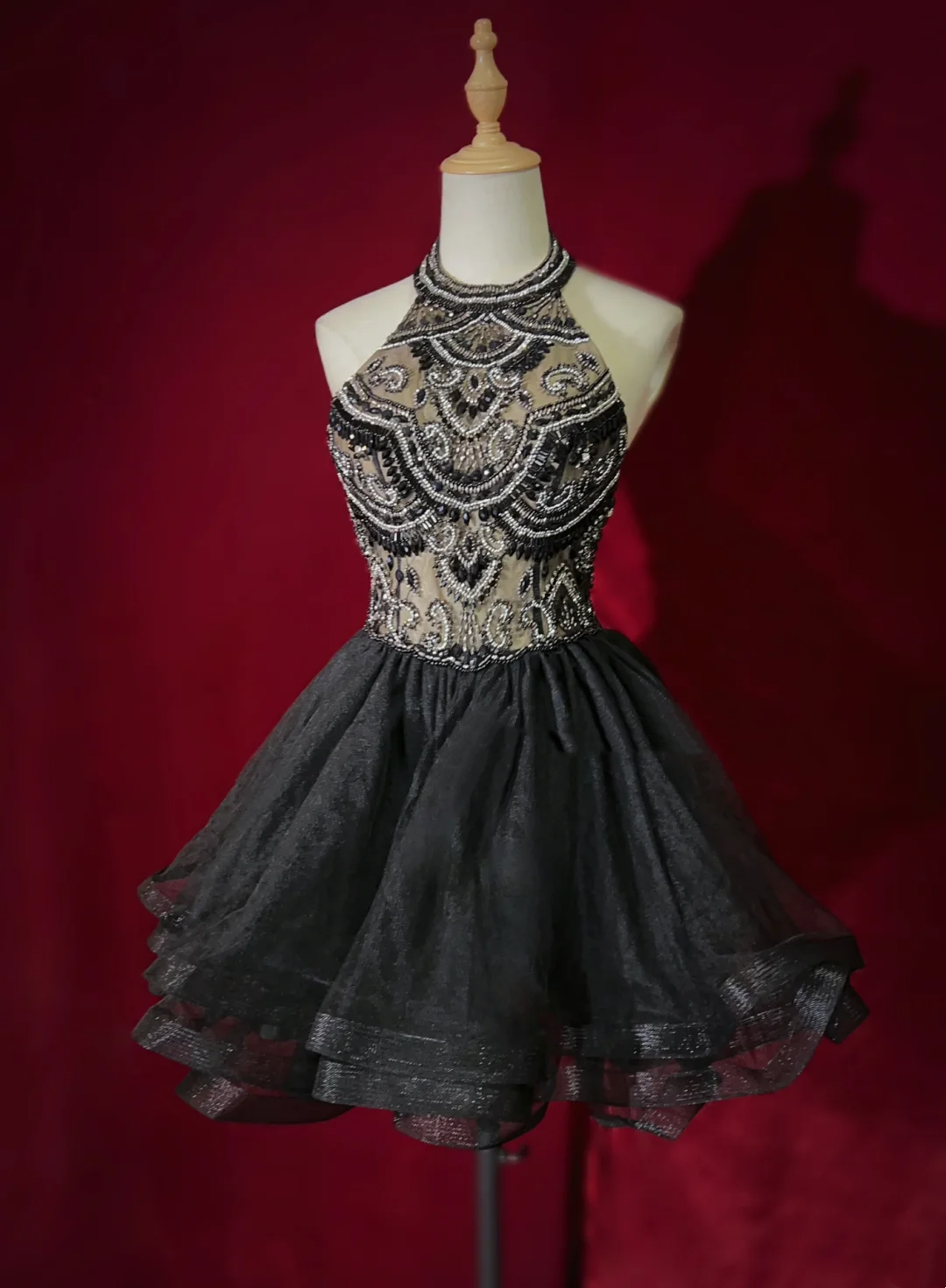 Vestido de fiesta corto de tul negro con cuello alto, minivestido formal para séptimo grado, para graduación, cóctel y cumpleaños, DH1432