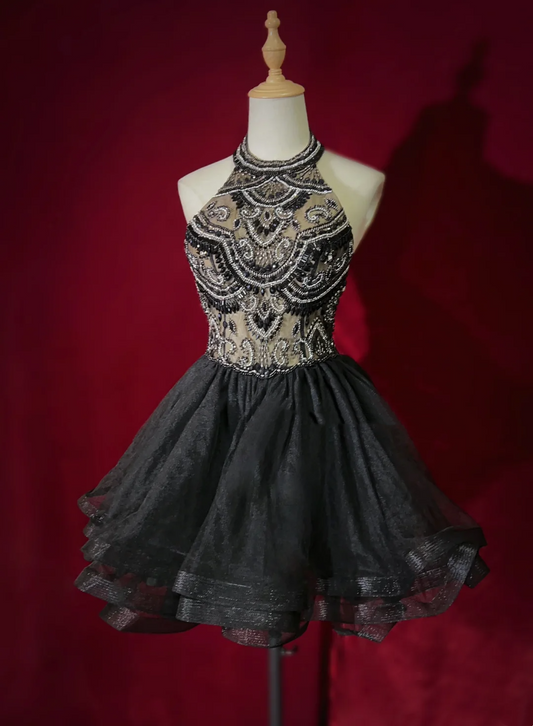 Vestido de fiesta corto de tul negro con cuello alto, minivestido formal para séptimo grado, para graduación, cóctel y cumpleaños, DH1432
