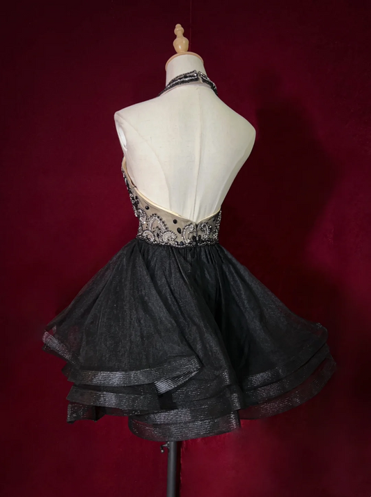 Vestido de fiesta corto de tul negro con cuello alto, minivestido formal para séptimo grado, para graduación, cóctel y cumpleaños, DH1432