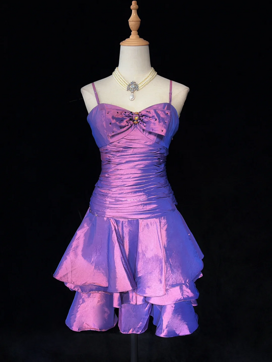 Vestido de fiesta corto de corte A con tirantes finos, color uva, para octavo grado, para escuela secundaria, Hoco Outfits DH1433