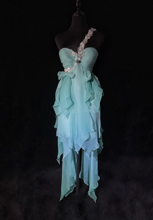 Hermoso vestido de fiesta de gasa azul claro con un solo hombro, con capas, para séptimo grado, para regreso a casa, para escuela secundaria, vestido corto de graduación, cóctel, cumpleaños, DH1435