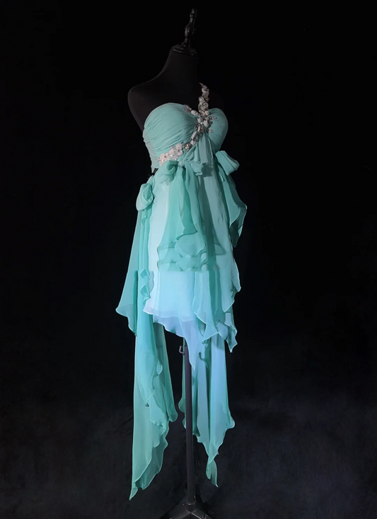Hermoso vestido de fiesta de gasa azul claro con un solo hombro, con capas, para séptimo grado, para regreso a casa, para escuela secundaria, vestido corto de graduación, cóctel, cumpleaños, DH1435