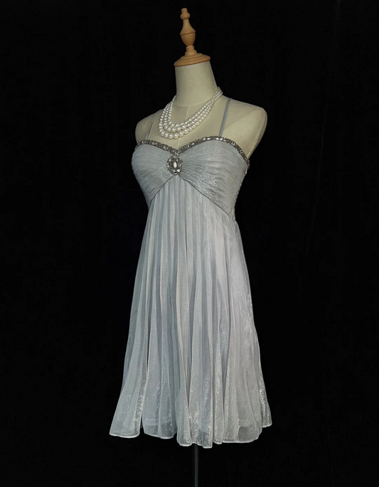 Vestido corto de fiesta de tul gris con tirantes finos, corte A, moderno, para octavo grado, para escuela secundaria, DH1436