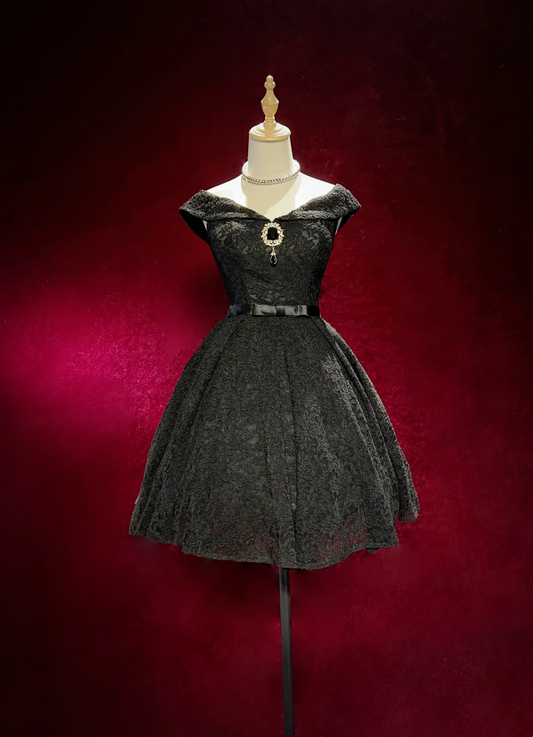 Vestido de fiesta vintage con hombros descubiertos y encaje negro, para 8.º grado, vestido de fiesta corto para secundaria, Hoco Outfits DH1445